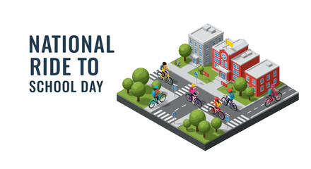 Obraz premium Isometric illustration of kids riding bikes to school on National Ride to School Day with a modern school building in the background.