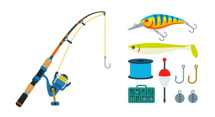 Fishing gear and tackle set illustrated in a colorful flat style © PROMA