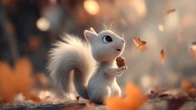 Charming white squirrel holding nut with autumn leaves background