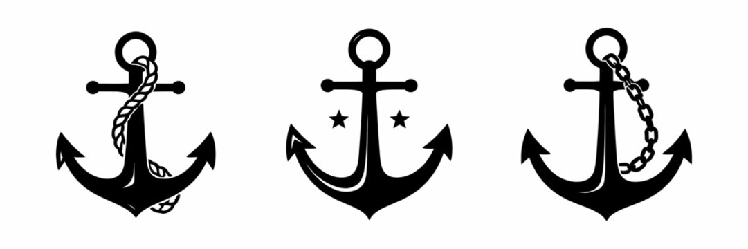 Collection of classic nautical ship anchors with chain elements, ideal for marine themes and coastal designs