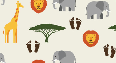 African safari animals seamless vector pattern with giraffe, lion, elephant, and acacia tree © azad