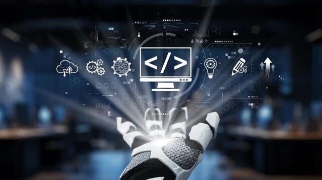 A robotic hand extends towards a glowing computer screen displaying coding symbols and technology icons, symbolizing the fusion of innovation and automation in a modern workspace. Synapse