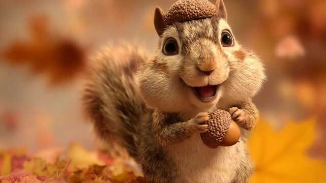 Animated squirrel holding acorn amidst autumn foliage with soft lighting