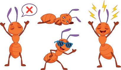 Cute cartoon ant character set showing different emotions actions and poses funny insect mascot vector illustration collection © Jesika!