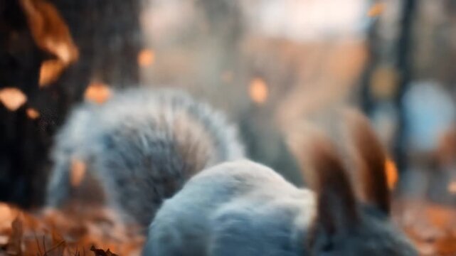 Close up of squirrel holding nut with autumn leaves falling in nature