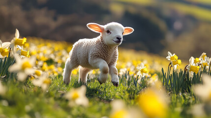 Fototapeta premium Lamb Frolicking in Field of Daffodils, Springtime Joy