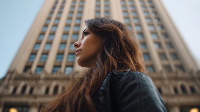 A young woman in profile looks up towards a grand ornate skyscraper in an urban setting emphasizing scale and aspi n