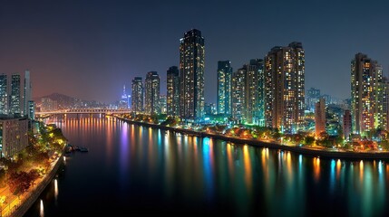 Fototapeta premium Beautiful panoramic cityscape at night with river and building reflections