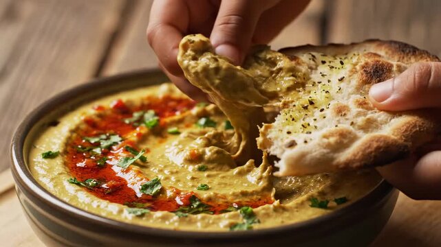Hummus dip with pita bread on wooden table.
