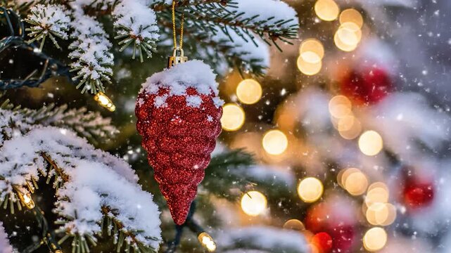 A festive red glitter pinecone ornament hangs on a snow-covered Christmas tree