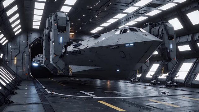 Futuristic Military Transport Vessel Docked Inside A High-Tech Space Station Hangar Bay With Industrial Lighting And Metallic Walls