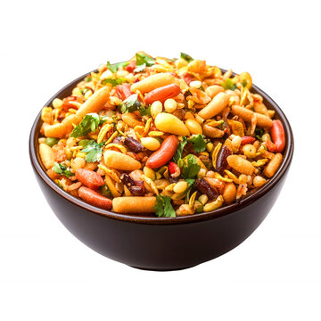 A colorful bowl filled with traditional Indian snack mix featuring crunchy nuts, lentils, and spices