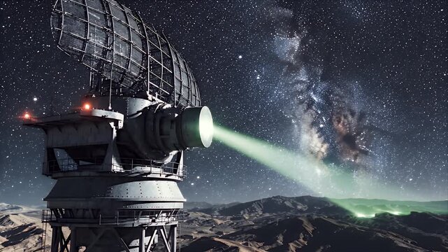 Futuristic radar array with green beam scanning distant landscape under starry night sky CG animation