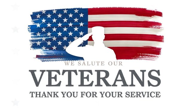 We Salute Our Veterans Graphic with Saluting Soldier Silhouette and American Flag Brush Stroke