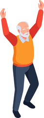 Fototapeta premium Isometric illustration of a happy elderly man with white hair and beard, wearing an orange vest and red shirt, raising his arms in celebration or dance.
