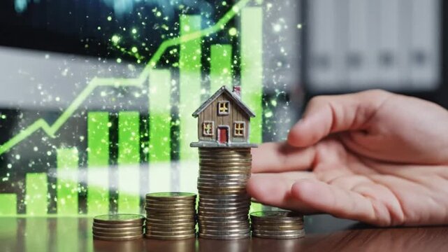 Hand Holding Small House Model on Coin Stacks with Rising Financial Graph Representing Real Estate Investment and Property Market Growth