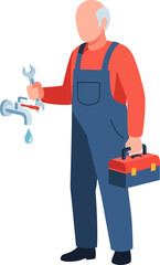 Fototapeta premium Elderly plumber in overalls fixing a dripping faucet with a wrench and holding a toolbox, offering professional repair service.