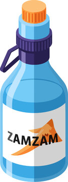 Vector graphic of a refreshing Zamzam water bottle, light blue with an orange cap and handle, featuring a white label with bold text.