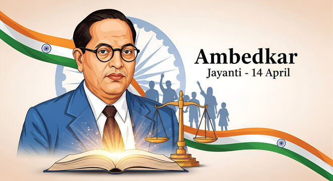 Ambedkar Jayanti tribute illustration honoring Babasaheb Bhimrao Ambedkar architect of India constitution symbol of justice equality education law reform social progress