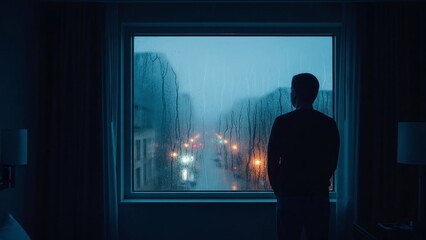 Fototapeta premium Man Standing by Window at Night.