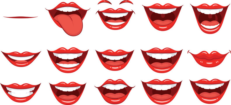 Cartoon red lips and mouth expressions collection smiling talking laughing vector illustration set