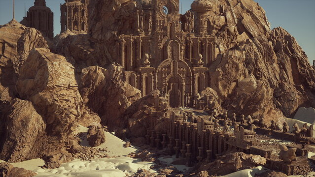 rocky cliff city carved into mountain, sunlit sandstone ruins and wooden bridge, towering columns and carved facades, sandy foreground with windblown dunes,