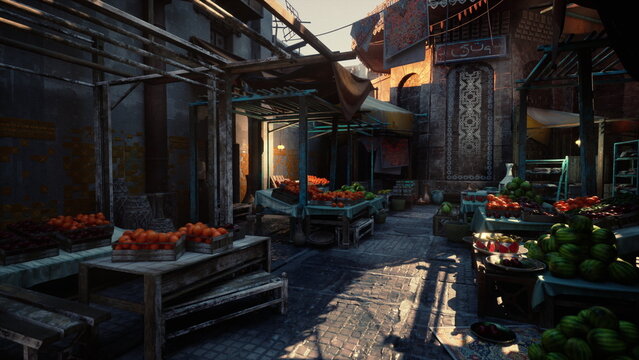 sunlit market alley with crates and produce, sunsetlit narrow bazaar walkway lined with wooden stalls and vibrant fruits and vegetables, cobblestone path