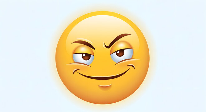 A yellow circular face with a sly smirk and arched eyebrows expressing a cunning or mischievous plan