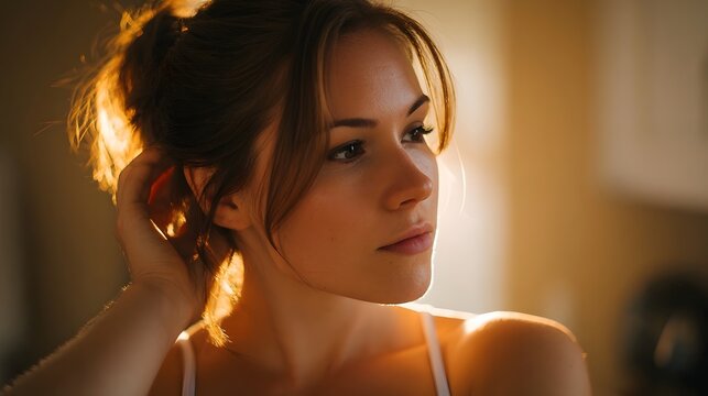 Beautiful young woman s portrait illuminated by warm golden hour sunlight with her hand touching her hair looking thoughtfully away