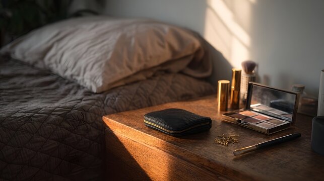 Golden hour light illuminates a bedside table with makeup and personal items next to a cozy bed