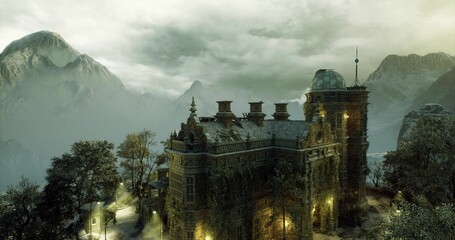 mystical palace roofline in pale mist, ornate spires and domes emerging from low clouds, warm interior glows and ancient craftsmanship visible on cornices, © icetray