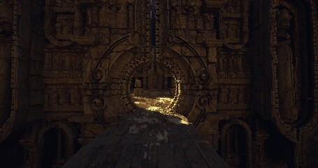 Dark treasury with scattered gilded coins and heavy chain hanging overhead, walls stained by time and decay, flicker of distant light creating ominous shadows © icetray