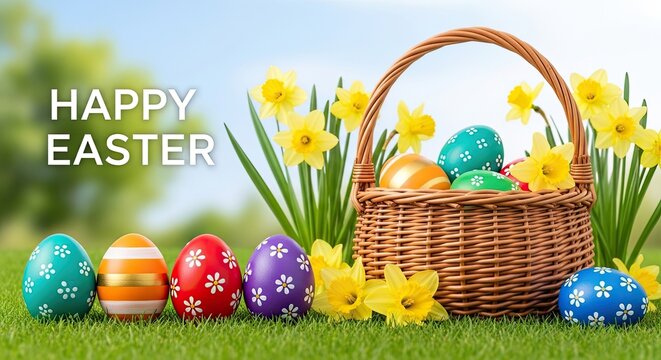 Happy easter sunday celebration with colorful eggs and flowers