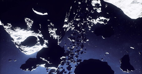 silhouetted asteroids drifting across luminous starfield, high contrast silhouettes and distant galaxy glow, sense of scale and silent vastness with scattered © icetray