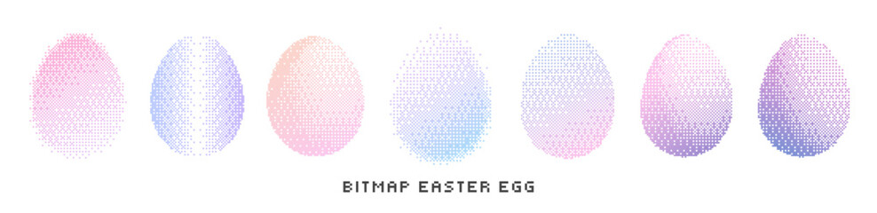 Set of bitmap grunge gradient easter egg. Pixel halftone geometric pattern forming colorful decorative eggs on white background. Modern spring holiday illustration for greeting card, banner, poster © Stacy Draw