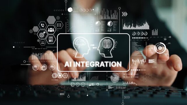 Business Professional Engaging with AI Integration Concepts and Digital Analytics on Keyboard in Modern Office Environment. Asymptotic smart data analytic.