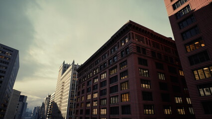 Historic brick facades under twilight sky, ornate cornices and balconies, lamplight casting deep shadows, cobblestone courtyard glimpsed between buildings, © icetray