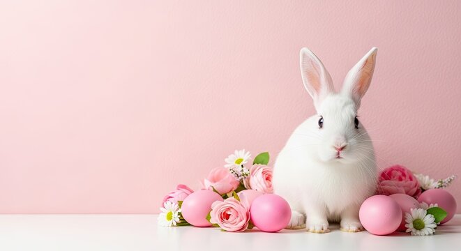 Easter sunday celebration with white bunny and pink easter eggs and flowers