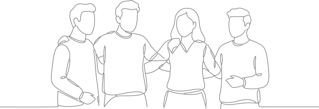 Continuous Line Handdrawn Group of People Friends Hugging Together Illustration