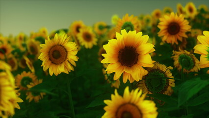Fototapeta premium Golden sunflowers stretch towards the sky in a vast field during sunset. The warm light casts a soft glow, illuminating the vibrant petals and creating a peaceful atmosphere.
