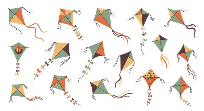Diverse collection of colorful flying kites with various shapes and long tails isolated on a clean white background for fun projects.