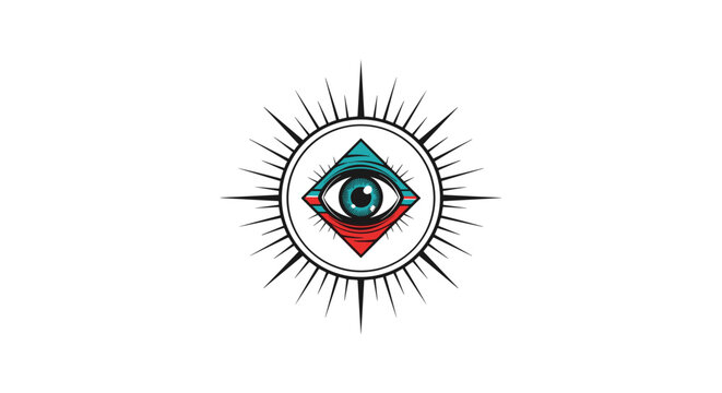 Mystical eye of providence symbol enclosed in a triangle with radiating sunbeams and geometric patterns for esoteric designs.