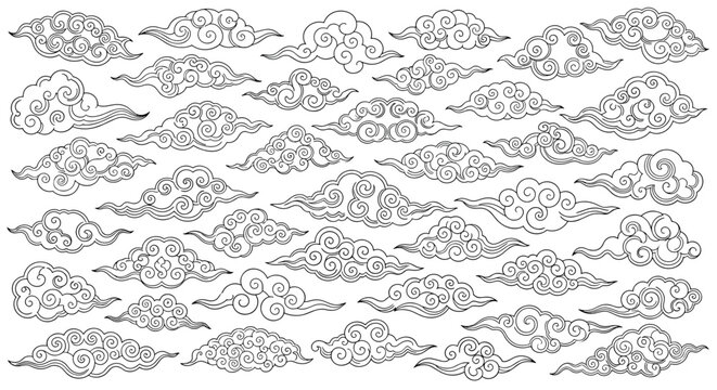 Collection of many stylized oriental clouds with intricate line art patterns inspired by traditional chinese and japanese design.