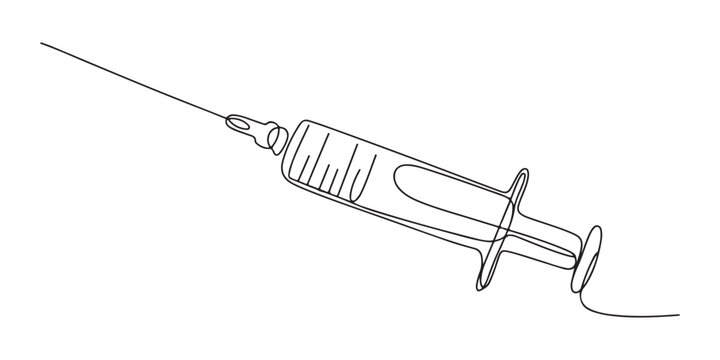 Syringe icon continuous one line drawing minimalist outline illustration, One continuous line drawing of medicine set with syringe and vial, Medical syringe and medicine vial. Pharmaceutical component