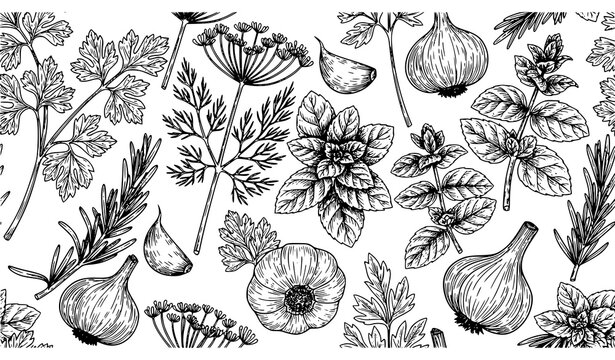 Hand Drawn Culinary Herbs Seamless Pattern Vintage Botanical Food Vector