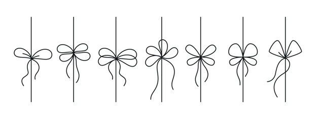 Minimal black line bows tied on vertical ribbons. Doodle gift bow set with knot isolated on white background, elegant hand drawn style for packaging, greeting cards, marine cord, wedding, Christmas  © Hannet