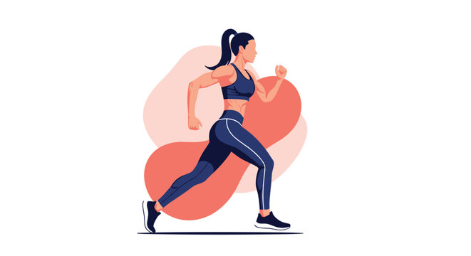 Athletic woman in sports gear running energetically against a soft abstract background of warm orange and pink shapes for fitness.