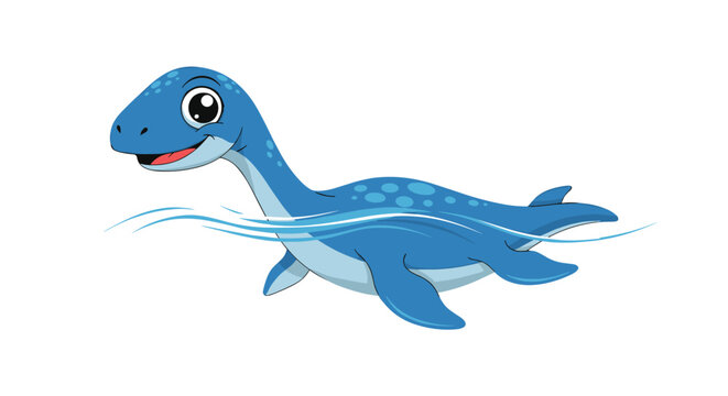 Cute blue plesiosaur dinosaur or loch ness monster swimming happily in the water with a friendly expression and spots on its back.