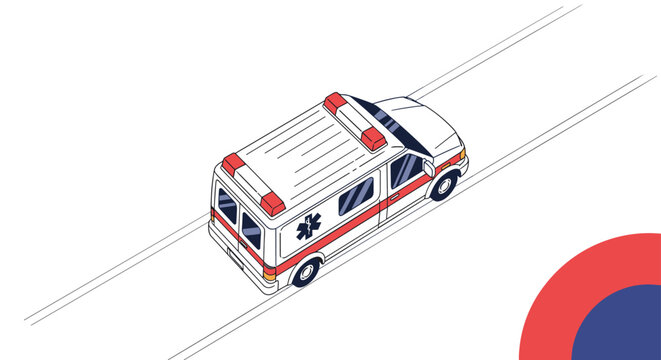 Isometric view of a white ambulance with red stripes and lights driving on a road as if responding to an emergency medical call.