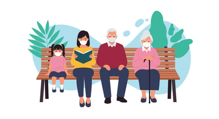 Obraz premium Multi-generational family with grandparents, mother, and child sitting together on a park bench wearing protective face masks.